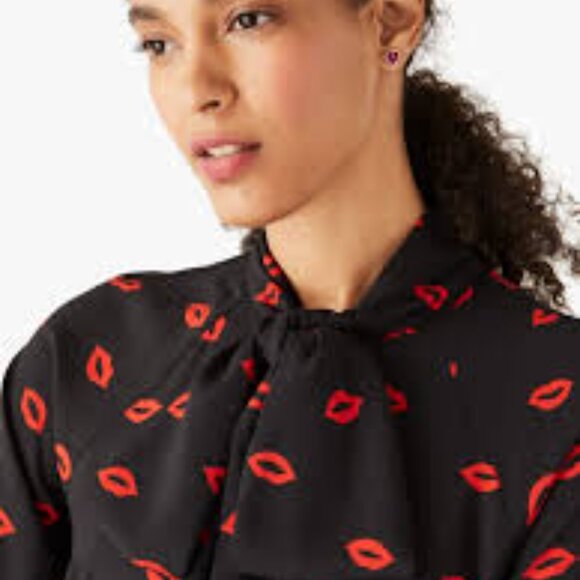 Kate Spade New York Kisses Tie Neck Shift Dress With Red Lip Pattern Size L - Picture 3 of 9